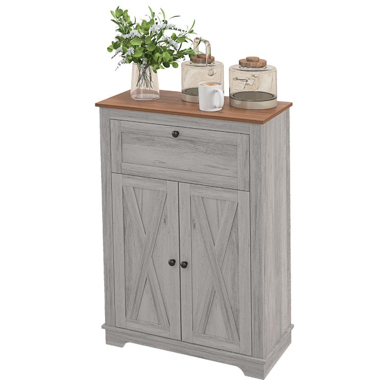Light gray sideboard cabinet with top shelf, drawer front, and double-door cabinet