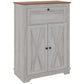 Light gray farmhouse sideboard with drawer, two paneled doors, and wood top