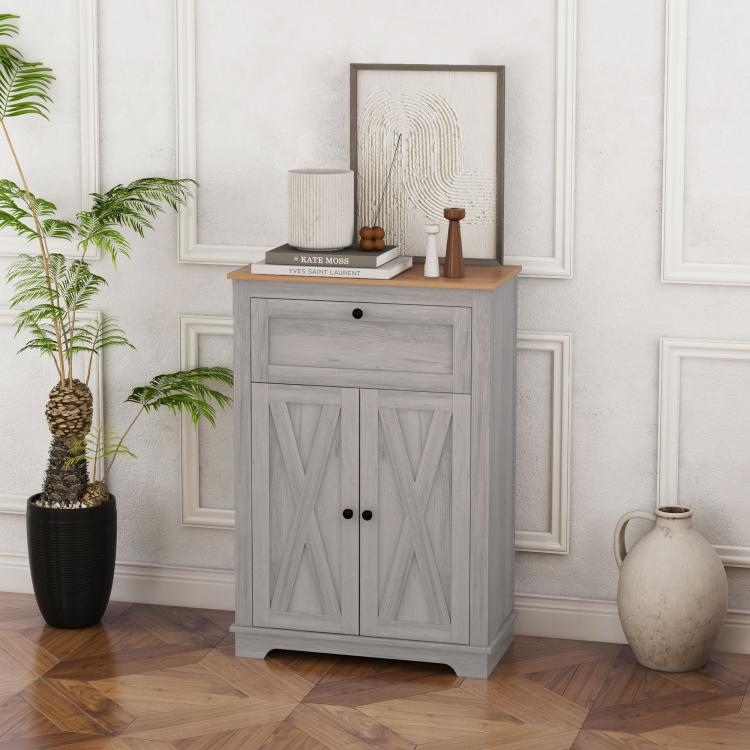 Light gray farmhouse sideboard with drawer and double doors, styled with decor
