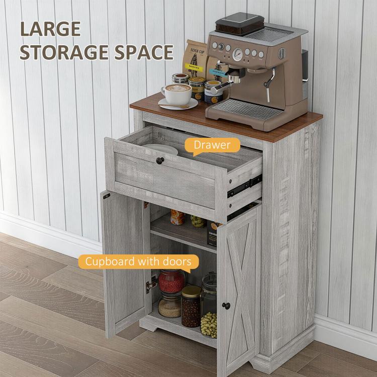 Light gray sideboard cabinet with open drawer and cupboard doors, exposed storage