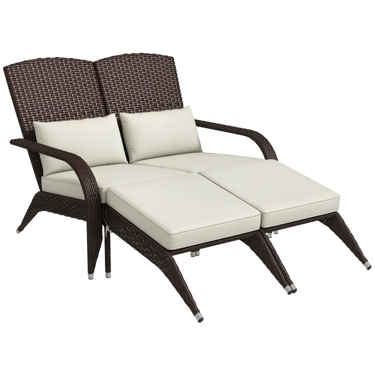 Two-seat wicker high-back adirondack chair with cream seat and back cushions