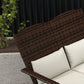 Dark wicker 2-person Adirondack chair with cream cushions and high back, close-up