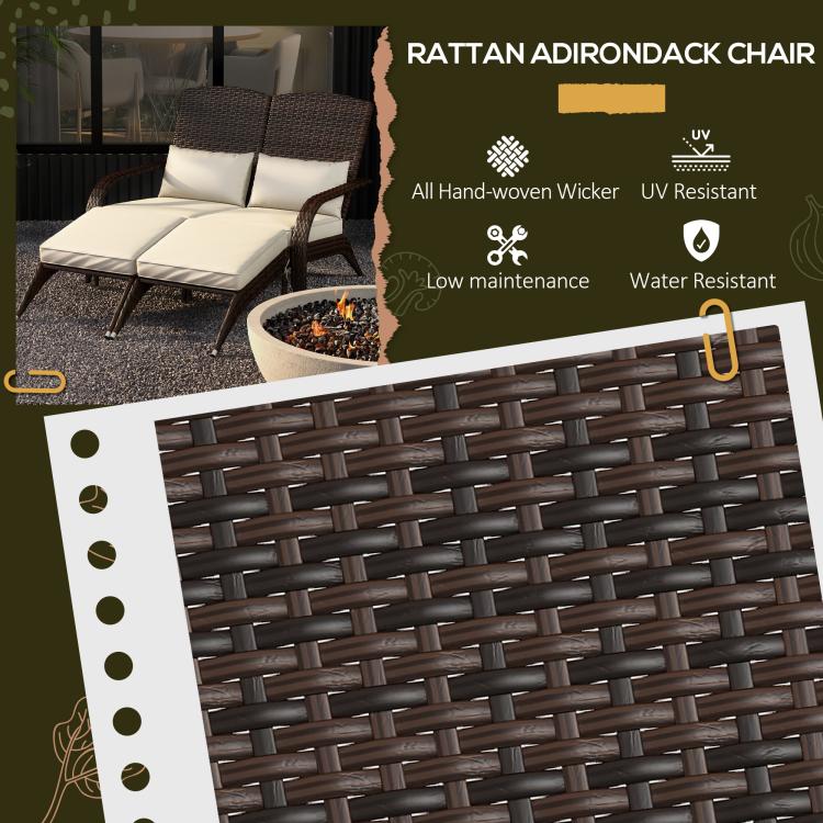Woven wicker side panel detail with cream cushions on two-seat adirondack chair