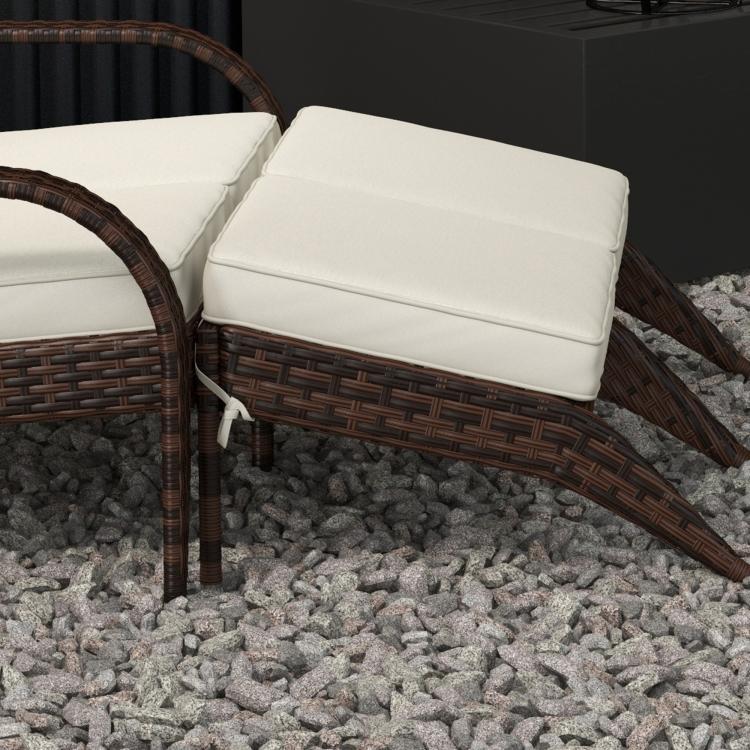Wicker footstool with cream cushion paired with a two-seat adirondack chair