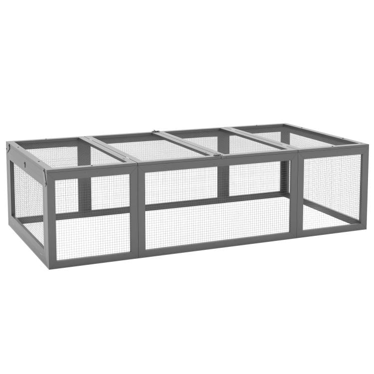 Gray rabbit hutch with wire-mesh walls and enclosed outdoor run, rectangular design