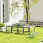 Outdoor gray rabbit hutch with wire-mesh walls, open roof, and rabbits inside