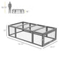 Gray wire-mesh rabbit hutch with open frame roof, shown with size dimensions