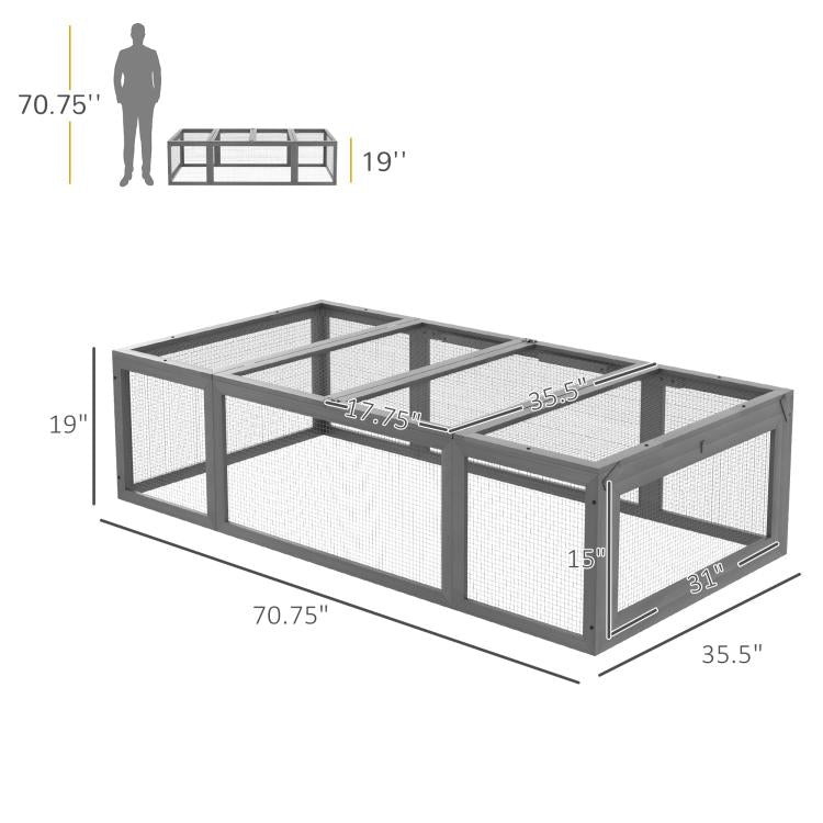 Gray wire-mesh rabbit hutch with open frame roof, shown with size dimensions
