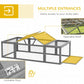 Gray rabbit hutch with openable roof and wire-mesh doors, attached platform ramp