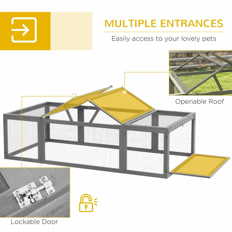 Gray rabbit hutch with openable roof and wire-mesh doors, attached platform ramp