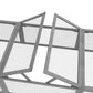 Gray rabbit hutch wire-mesh doors shown open, hinged panels and frame close-up
