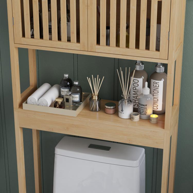 Natural bamboo over-toilet cabinet with slatted door and open shelf