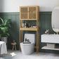 Natural bamboo over-toilet storage cabinet with slatted doors and open shelves