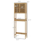 Bamboo over-toilet cabinet with slatted doors and open shelves, height and width diagram