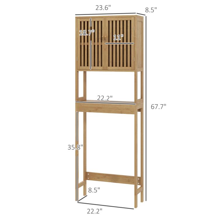 Bamboo over-toilet cabinet with slatted doors and open shelves, height and width diagram