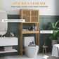 Bamboo over-toilet storage cabinet with slatted doors and open shelf section over toilet