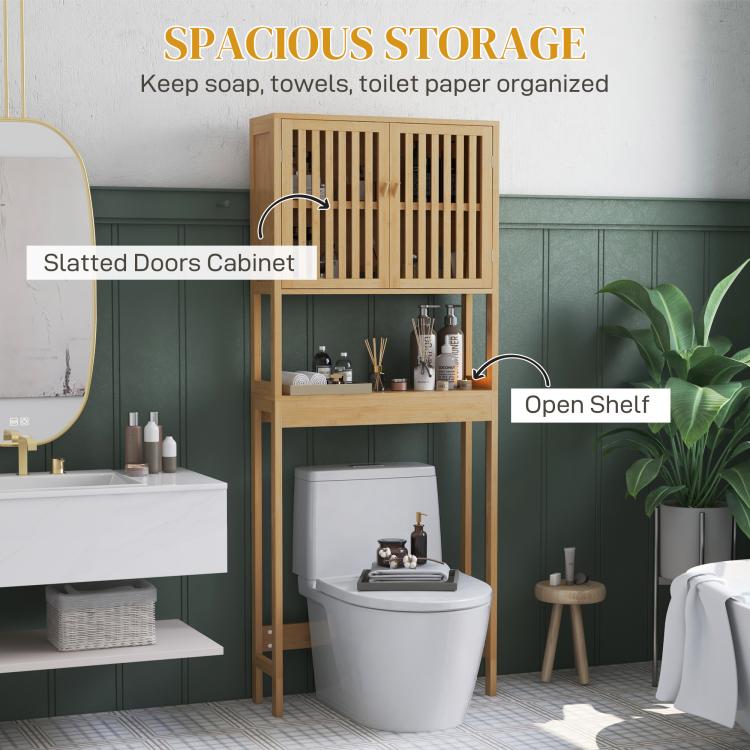 Bamboo over-toilet storage cabinet with slatted doors and open shelf section over toilet