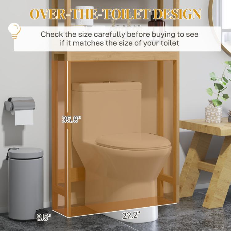 Bamboo over-toilet cabinet with opening for toilet clearance and internal shelves