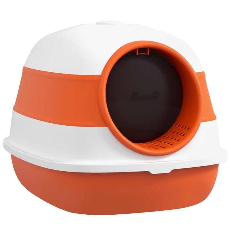 Covered cat litter box with lid and oval entrance, white exterior with orange trim