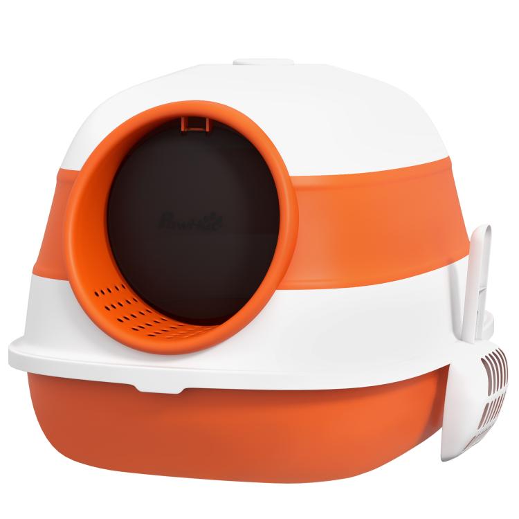 White and orange covered cat litter box with circular entrance opening and side handle