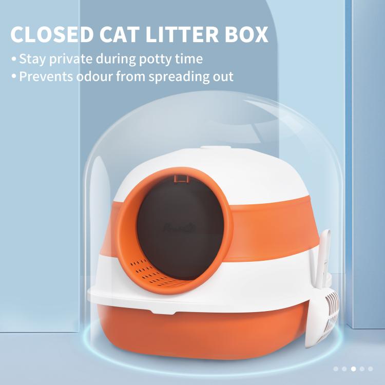 Closed dome cat litter box with lid, white body and orange oval entrance ring