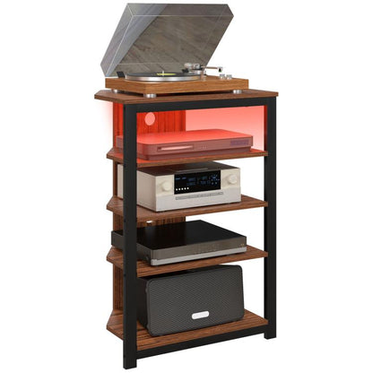 Brown LED TV stand with open shelves, storage drawer, steel frame, protective top cover