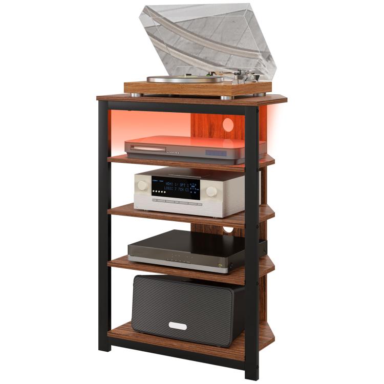 Brown entertainment center with open shelves, storage drawer, steel frame, protective top cover