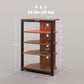 Brown LED TV stand with four open shelves and front storage drawer, steel frame