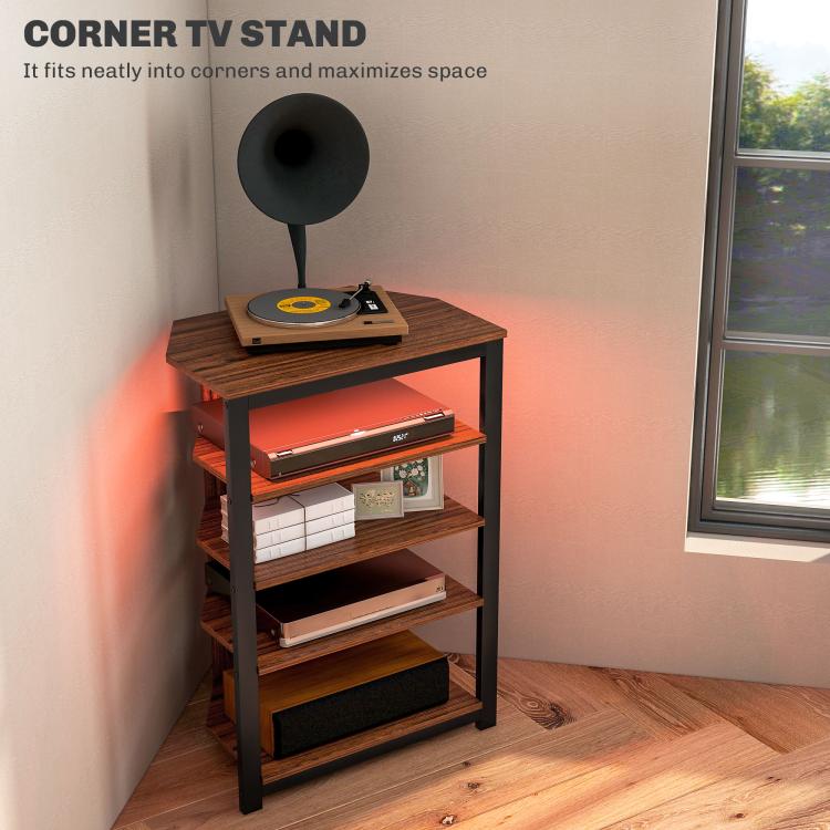 Corner TV stand with open shelves and storage drawer, steel frame, media shelf top