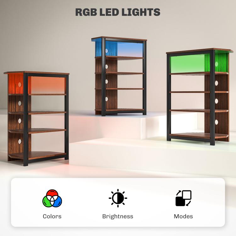Brown RGB LED TV stand with light glow, shown in three viewing angles