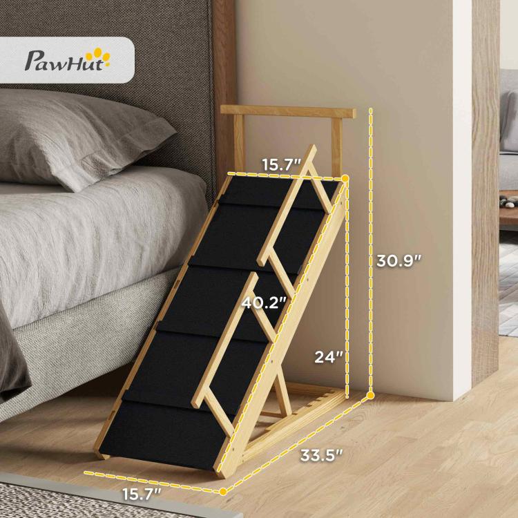 Adjustable dog ramp showing stepped black tread surfaces and ladder-style frame