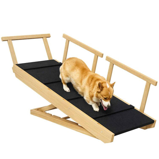 Adjustable dog ramp with black non-slip mat and wooden side rails