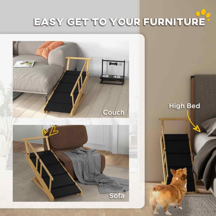 Dog ramp for reaching furniture, featuring black non-slip steps and wooden frame