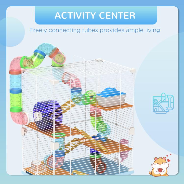 Light blue 5-tier hamster cage with connecting tubes, ramps, and play platforms