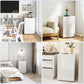 White mini fridge with single door and freezer, standing on wheels in a room