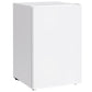 White mini fridge, side view with single door and top freezer compartment