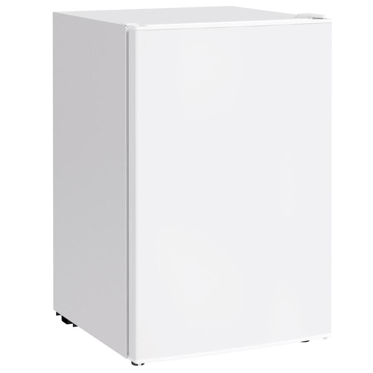 White mini fridge, side view with single door and top freezer compartment