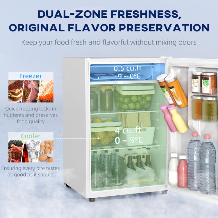 White mini fridge with freezer compartment open, showing upper freezer shelf and bins