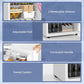 White mini fridge parts shown: adjustable feet, concealed handle, swivel casters, shelves