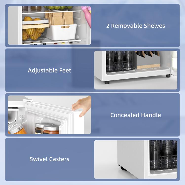 White mini fridge parts shown: adjustable feet, concealed handle, swivel casters, shelves