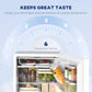 White mini fridge door open, freezer shelf and interior bins with produce and jars
