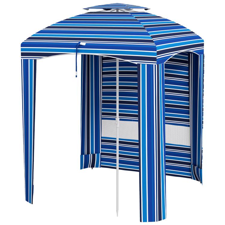 Blue striped cabana umbrella with open side and clear window panels