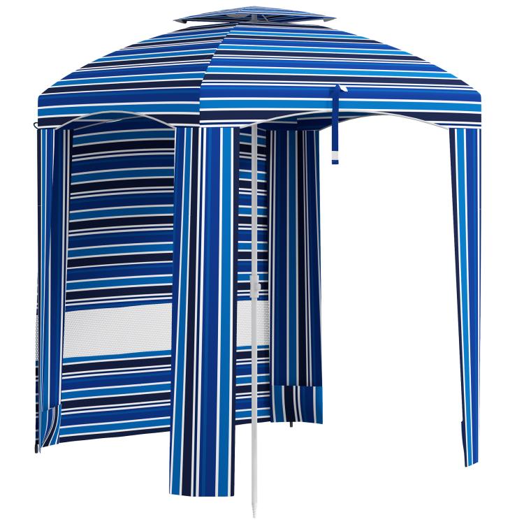 Blue and white striped cabana umbrella with ruffled canopy edge and hanging sides