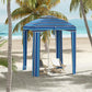 Blue striped cabana umbrella with open front, side walls, and mesh window