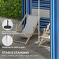 Blue striped cabana umbrella base area with pointed stand poles and mesh wall panel