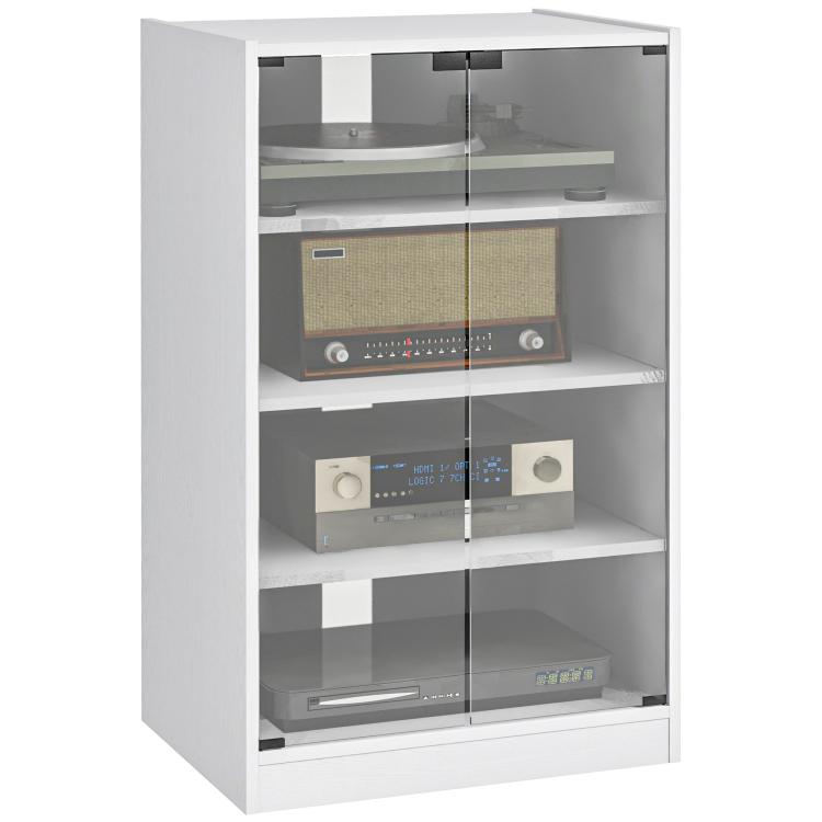 Distressed white media cabinet with clear tempered glass doors and 4-tier shelves