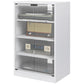 Distressed white media stand with tempered glass doors, open shelving and 4 tiers