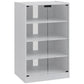 White media cabinet with two tempered glass doors and four open shelf levels