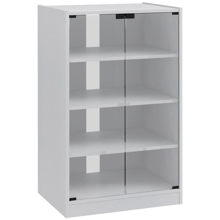White media cabinet with two tempered glass doors and four open shelf levels