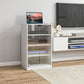 White media cabinet with tempered glass doors, open shelves for media storage